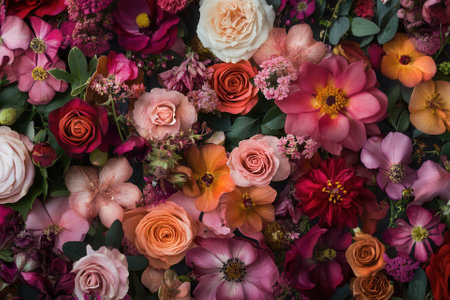 A vibrant and colorful floral arrangement with various flowers and greenery.の素材