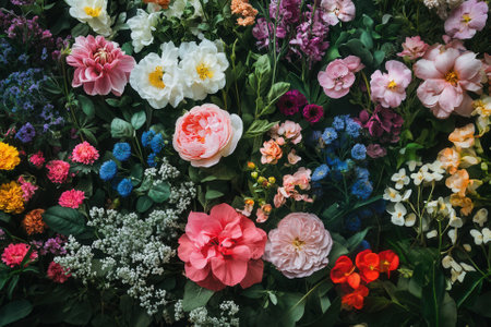 A vibrant and colorful floral arrangement with various blooms and greenery.の素材