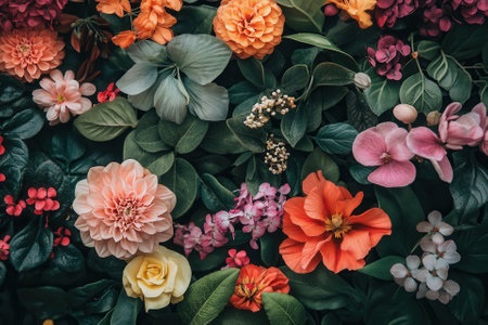 A vibrant mix of colorful flowers and lush green leaves.の素材