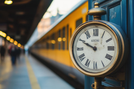 A vintage clock at the station with a train in the background.の素材