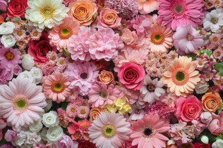 Close-up of a beautiful, colorful arrangement of various flowers in shades of pink, peach, and white.の素材