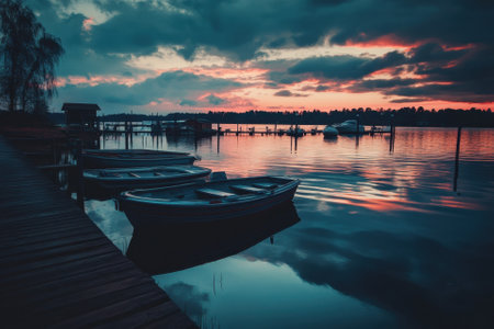 Boats at dock during a colorful sunset.の素材