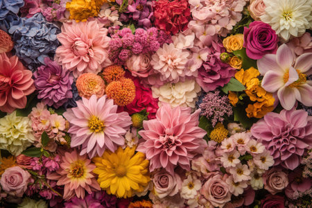 Colorful floral background with various types of flowers.の素材