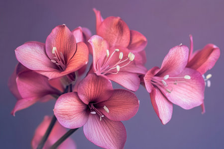 Close-up of delicate pink flowers with soft purple background.の素材