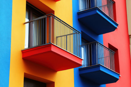 Colorful apartment building with balconies.の素材