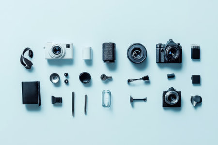 Flat lay of camera and photography accessories on a blue background.の素材