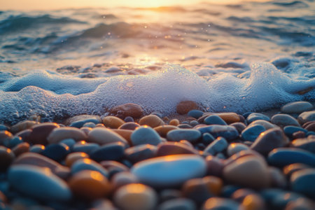 Smooth, colorful pebbles on a beach at sunrise, with ocean waves lapping at the shore.の素材
