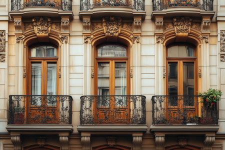 Three ornate balconies with wooden doors and wrought iron railings on a historic building facade.の素材