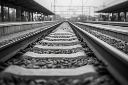 Train tracks leading into the distance at a train station.の素材