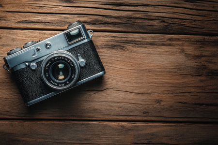 Vintage camera on a wooden table.の素材