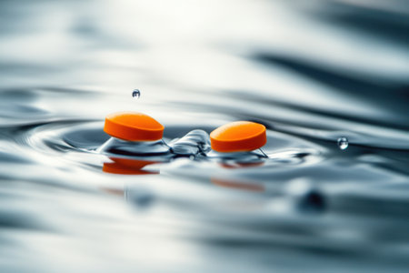 Two orange pills floating in water with ripples and droplets.の素材