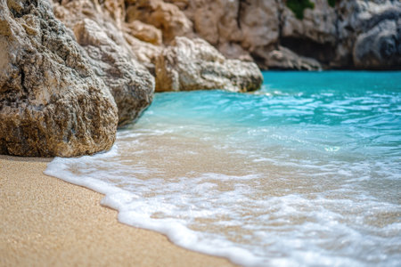 Soft waves lapping on a sandy beach with turquoise water and rocks in the background.の素材