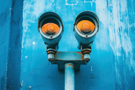 Two security cameras mounted on a blue wall, with an orange light.の素材