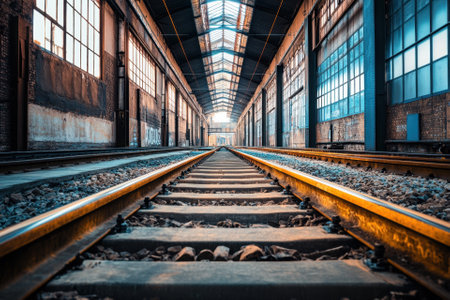 Train tracks leading to a bright light at the end of an abandoned industrial building.の素材