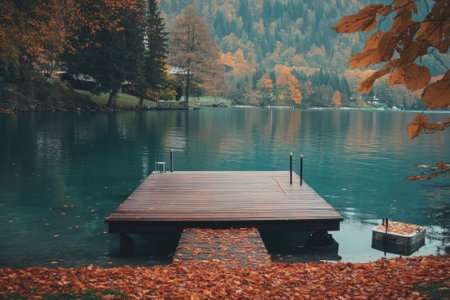 Wooden dock on a lake with fall foliage and a mountain background.の素材
