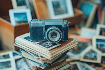 Vintage camera on stack of old photos.の素材