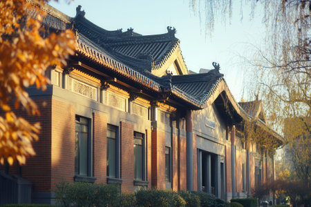 Traditional Chinese architecture building with brick walls, tile roof, and columns, with trees and golden foliage in the foreground, against a clear blue sky.の素材