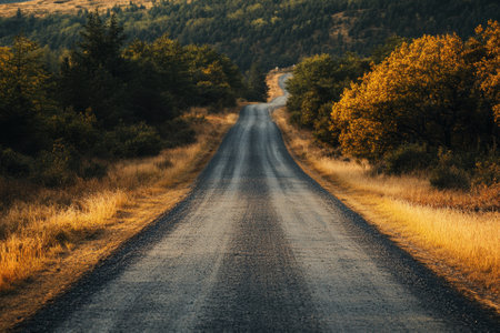 Winding gravel road through a forest with golden leaves.の素材