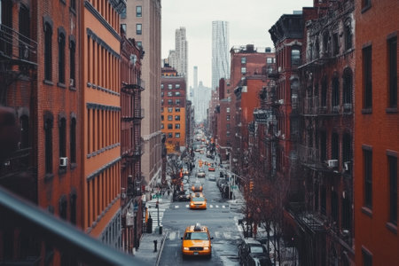 Yellow cabs line a narrow street in a bustling urban cityscape.の素材