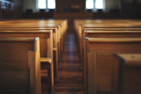 Wooden pews in a church sanctuary.の素材