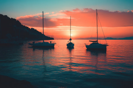 Three sailboats at anchor in a calm bay at sunset.の素材