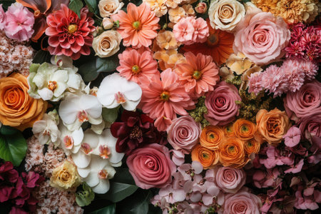 A vibrant floral backdrop featuring a variety of colorful flowers.の素材