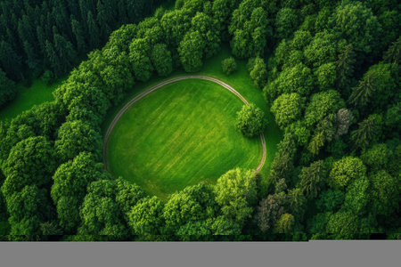 Aerial view of a circular green field surrounded by lush forest. (1)の素材
