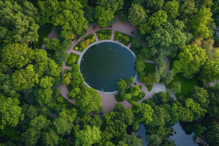 Aerial view of a circular pond surrounded by lush greenery in a park.の素材