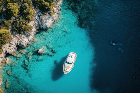 Aerial view of a yacht in a crystal-clear turquoise bay near a rocky coastline.の素材