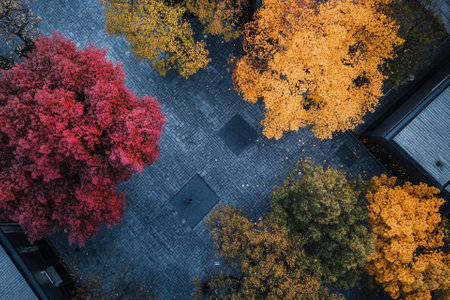 Aerial view of autumn trees in a courtyard.の素材