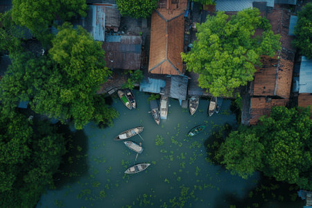 Aerial view of boats moored near houses by a lush green canal.の素材