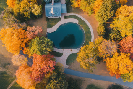Aerial view of autumnal park with pond and house.の素材