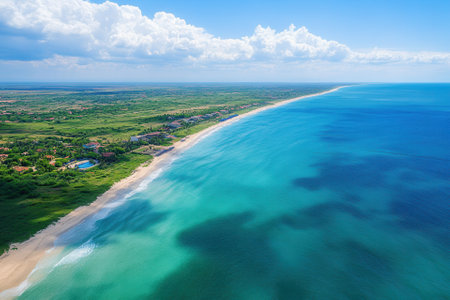 Aerial view of tropical coastline with beach and ocean.の素材