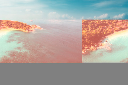 Aerial view of tropical island beach, turquoise water, lush greenery, and boats.の素材