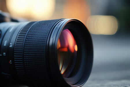 Close-up of a camera lens with bokeh background.の素材