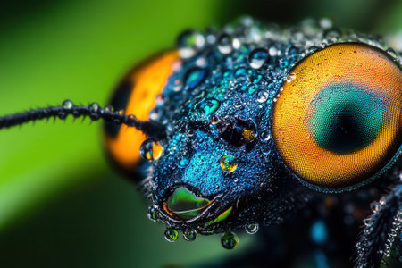 Close-up of a dew-covered insect with vibrant blue and orange eyes.の素材