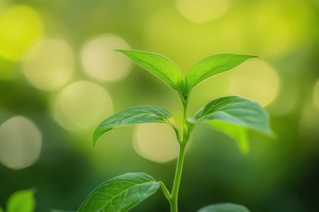 Close-up of a vibrant green sprout against a bokeh background.の素材