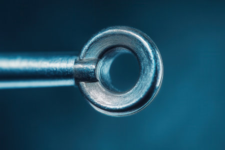 Close-up of a metallic ring on a rod, showcasing its texture and detail against a dark blue backdrop.の素材