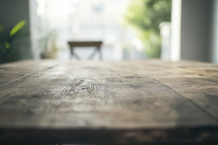 Close-up of a rustic wooden table with a blurred background.の素材