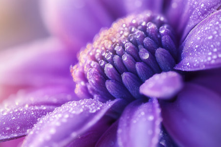 Close-up of a purple flower with dew drops.の素材