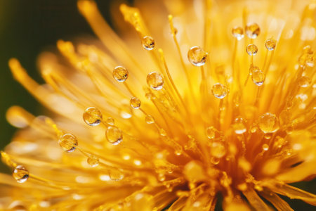 Close-up of a yellow dandelion flower with water droplets.の素材