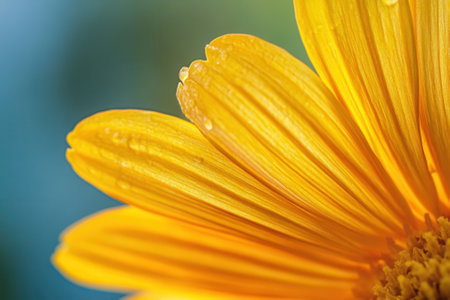 Close-up of a vibrant yellow flower petal with dew drops.の素材