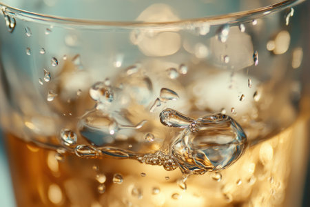 Close-up of whiskey with ice cubes in a glass.の素材