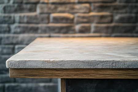 Close-up of a textured tabletop against a stone wall.の素材