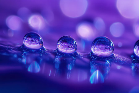 Macro shot of three water droplets on a purple surface with bokeh background.の素材