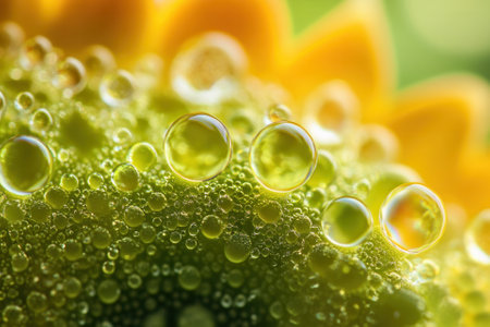 Close-up of dew drops on a sunflower petal.の素材