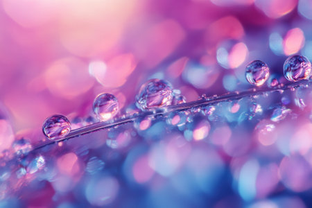 Dewdrops on a feather, vibrant pink and blue bokeh background.の素材