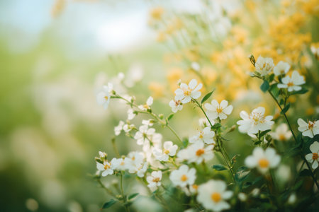 Close-up of delicate white and yellow wildflowers in a sunny field.の素材