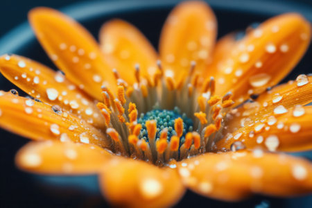 Close-up of an orange flower with water droplets.の素材