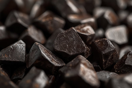 Close-up of dark chocolate pieces, rough texture, geometric shapes.の素材